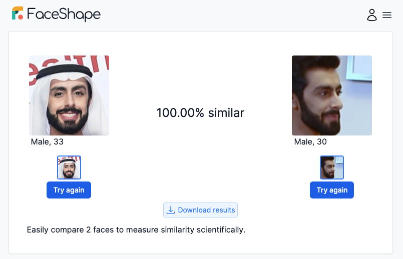 Faceshape.com利用AI技術比對阿里及Alira照片，結果指兩人相似度為100%。（Faceshape.com）