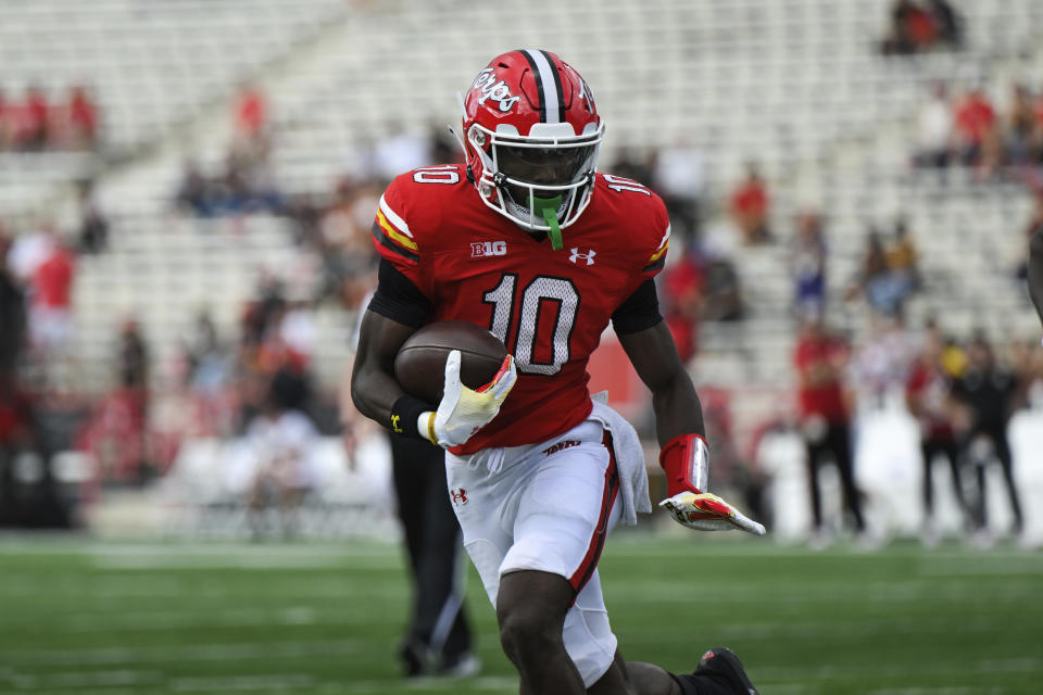 Maryland wide receiver Tai Felton (10) runs with the ball after making a catch and scores a touchdown during the first half of an NCAA college football game against Indiana, Saturday, Sept. 30, 2023, in College Park, Md. (AP Photo/Terrance Williams)