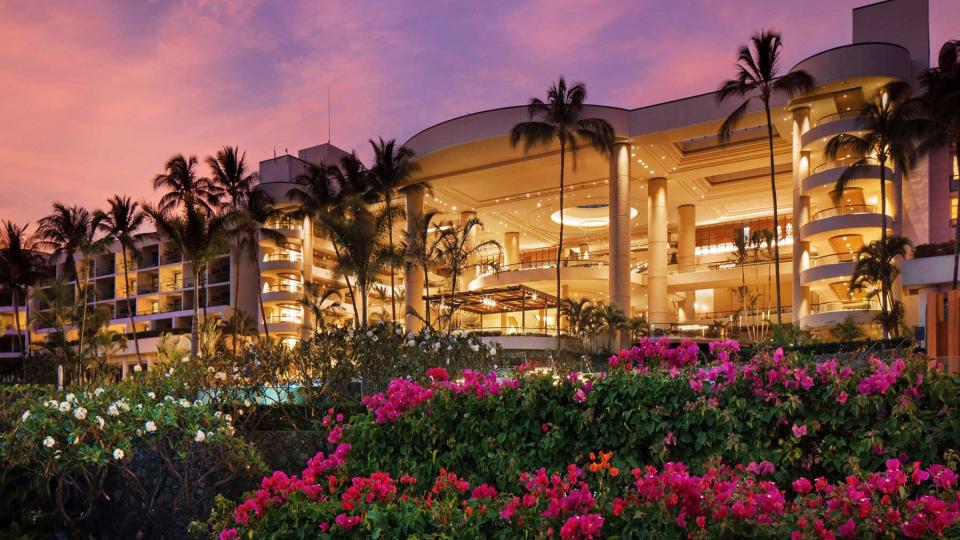 Nighttime exterior view of the Westin Hapuna Beach hotel, voted one of the best resorts and hotels in Hawaii