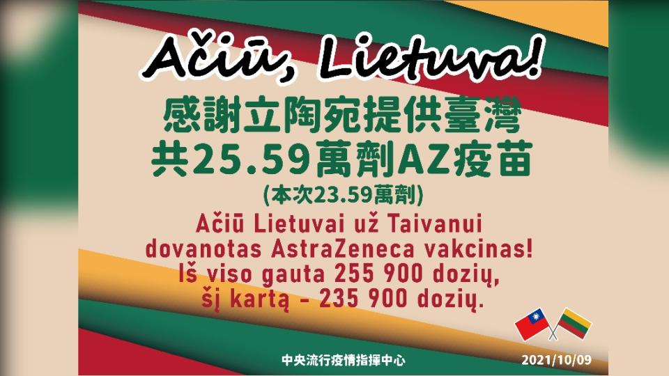 感謝立陶宛提供台灣共25.59萬劑AZ疫苗。（圖／中央流行疫情指揮中心）