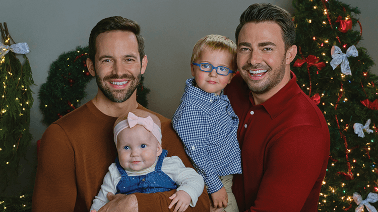 Jonathan Bennett and his on-screen husband Brad Harder with their characters' kids