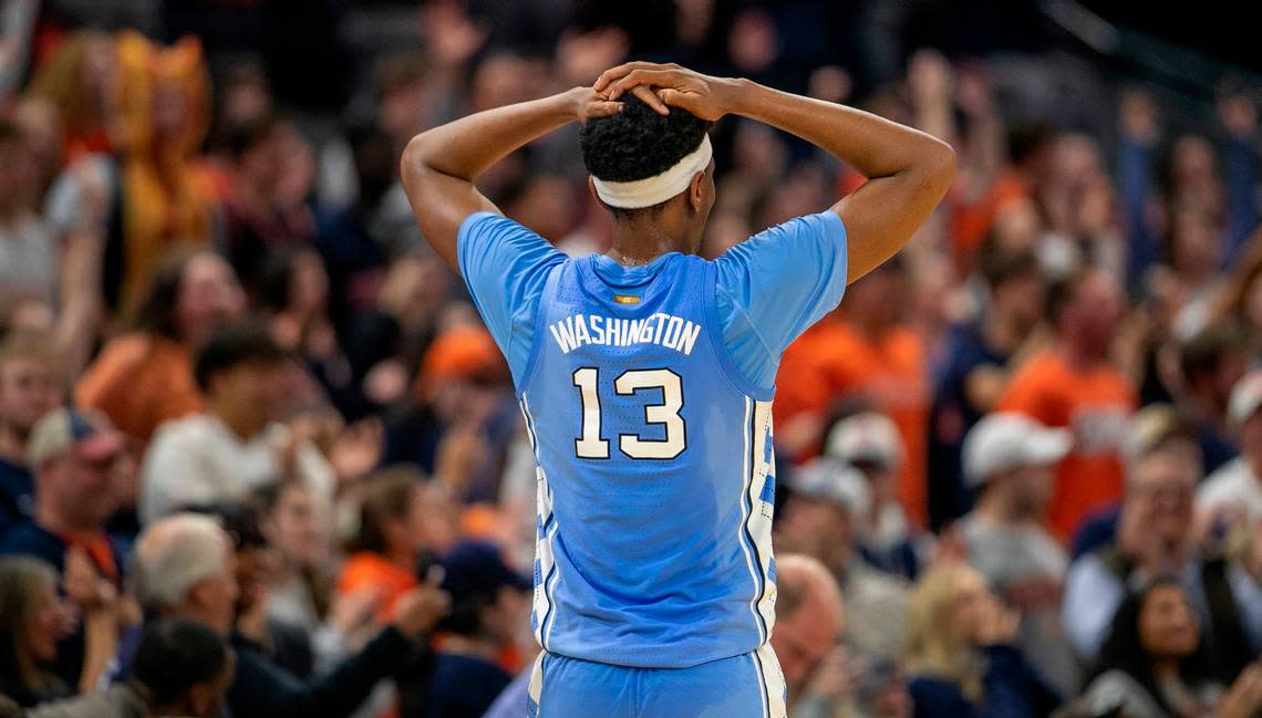 North Carolina’s Jalen Washington (13) reacts as Virginia secures their 65-58 victory over the Tar Heels on Tuesday, January 10, 2023 at John Paul Jones Arena in Charlottesville, Va.