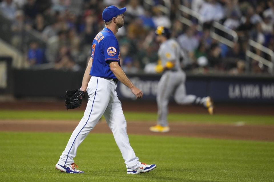 New York Mets starting pitcher Max Scherzer waits as Milwaukee Brewers' Victor Caratini runs the bases after hitting a two-run home run during the sixth inning of a baseball game Thursday, June 29, 2023, in New York. (AP Photo/Frank Franklin II)