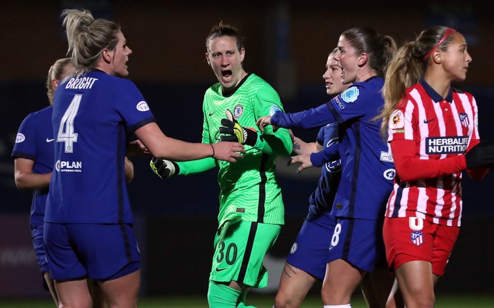 Ann-Katrin Berger - Chelsea Women down to 10 and concede two penalties — but still beat Atletico Madrid in Champions League last 16 - GETTY IMAGES