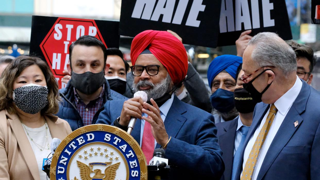 Sikh Community leader and political activist Harpreet Singh Toor is pictured in Manhattan's Koreatown during rally.