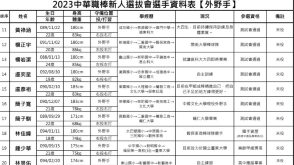 中職選秀外野手資料表。（圖／中職提供）