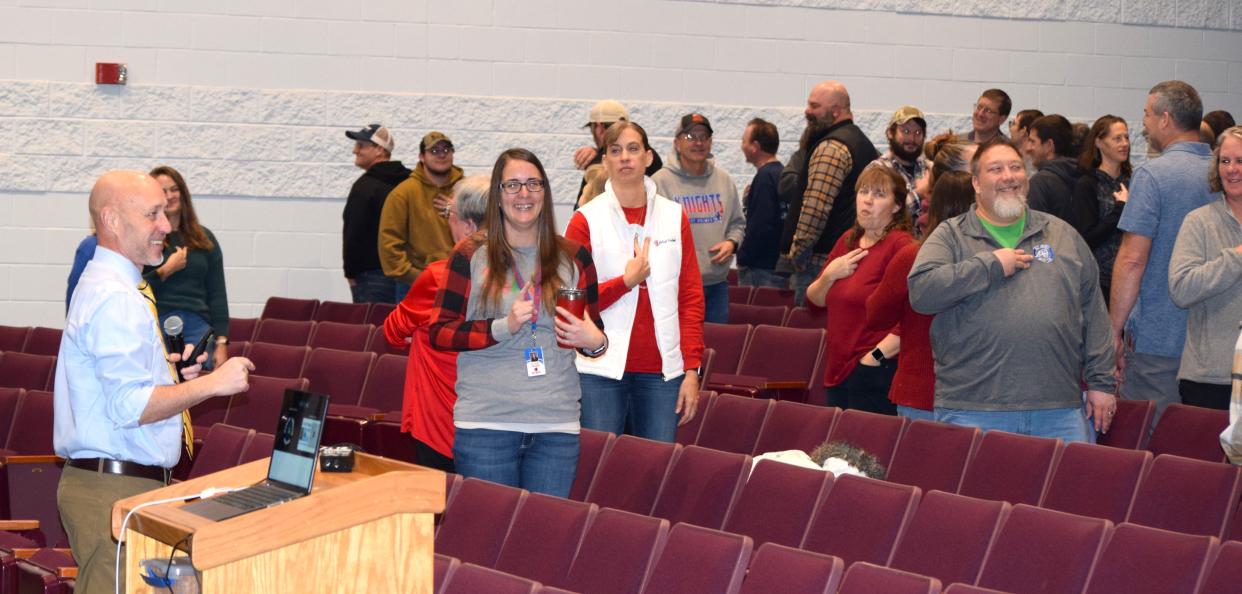 Former National Superintendent of the Year Dr. Joe Sanfelippo put teachers through a series of team building exercises during a presentation in the West Holmes District.