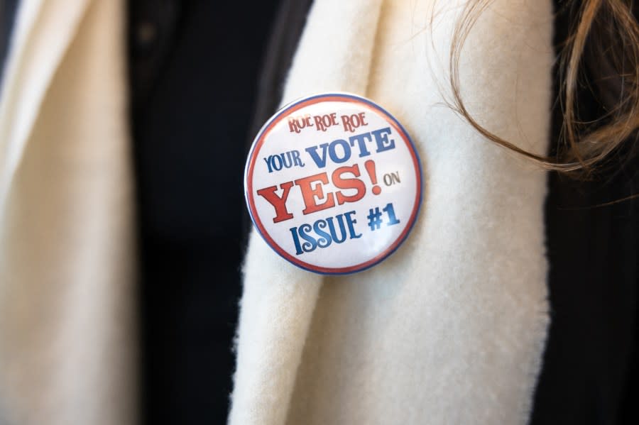 A woman wears an abortion-rights button to a Nov. 5 canvassing meeting in Columbus, Ohio, ahead of an election where a ballot initiative seeks to enshrine the right to abortion in the state constitution. (Photo by Megan Jelinger/AFP via Getty Images)
