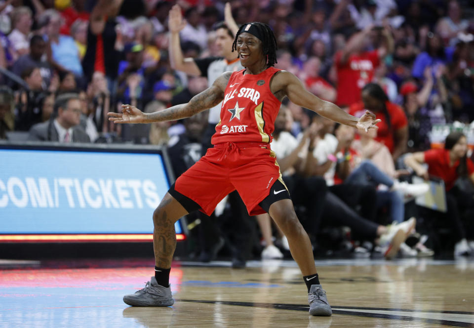 Indiana Fever's Erica Wheeler, of Team Wilson, reacts after making a 3-point shot against Team Delle Donne during the first half of a WNBA All-Star game Saturday, July 27, 2019, in Las Vegas. (AP Photo/John Locher)
