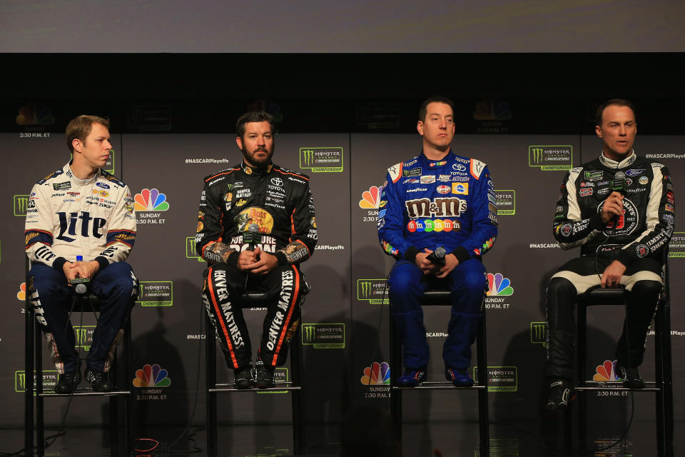 There wasn’t much to glean from the 10 minutes the four title-contending drivers were on stage together. (Getty)