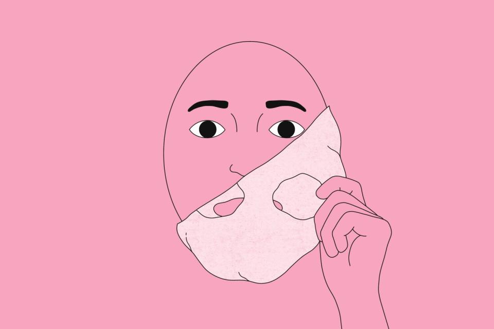 Illustration of a face on a pink background peeling off a beauty mask.