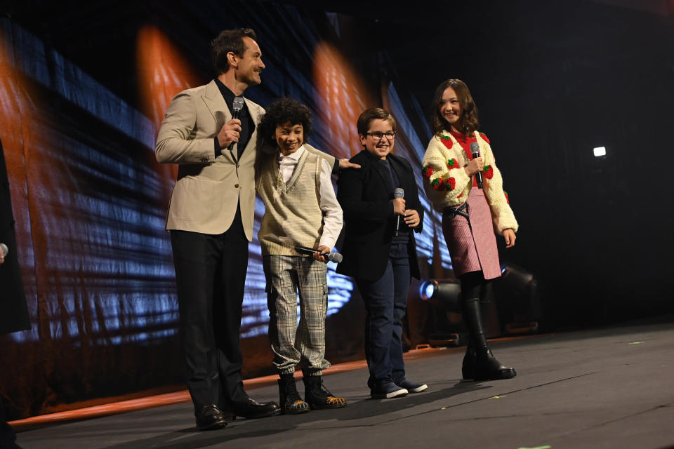 LONDON, ENGLAND - APRIL 07: (L-R) Jude Law, Ravi Cabot Conyers, Robert Timothy Smith and Kyrianna Kratter onstage during the studio panel for Skeleton Crew at the Star Wars Celebration 2023 in London at ExCel on April 07, 2023 in London, England. (Photo by Kate Green/Getty Images for Disney)