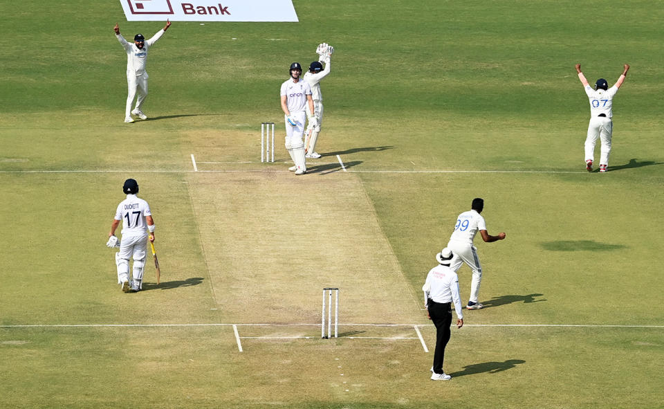 Ravi Ashwin, pictured here dismissing Zak Crawley for his 500th wicket in Test cricket. 