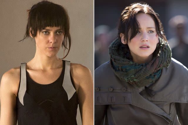 <p>Lionsgate/Kobal/Shutterstock (2)</p> Jena Malone and Jennifer Lawrence in the <em>Hunger Games</em> films