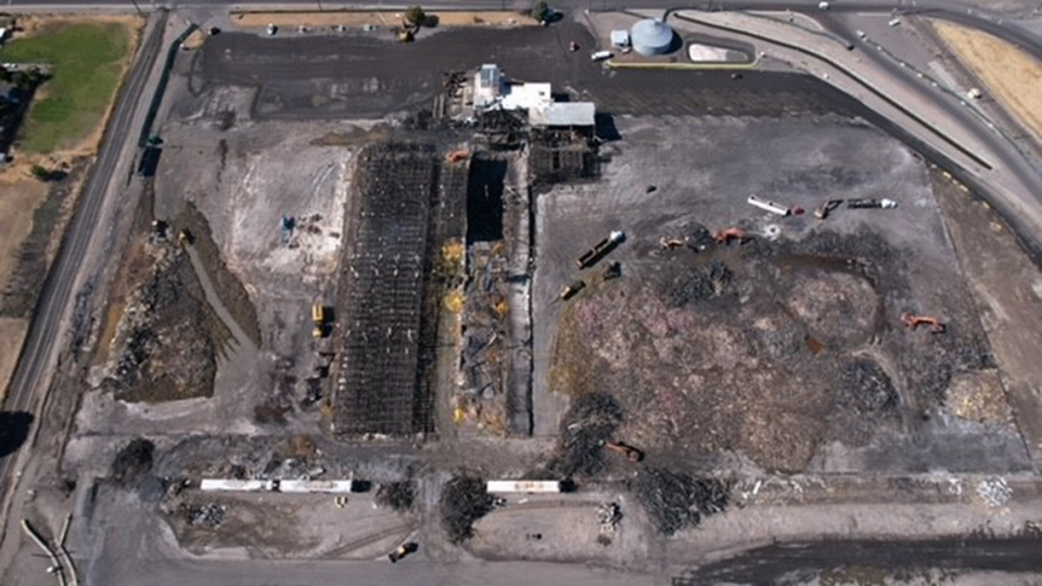 An aerial image taken June 18 shows the site of the former Lineage cold storage warehouse after cleanup work began following an April 22 fire.