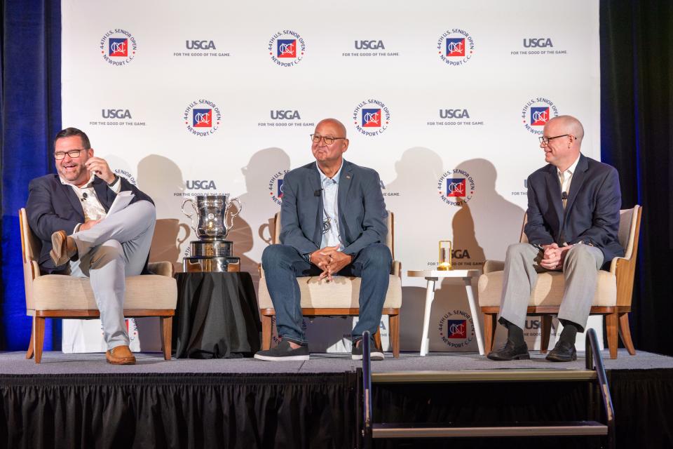 Ben Kimball, left, USGA Senior Open Championship director, former Boston Red Sox Manager Terry Francona, honorary chairman of the 2024 tournament, and USGA staffer Hank Thompson at Media Day on Tuesday in Newport.