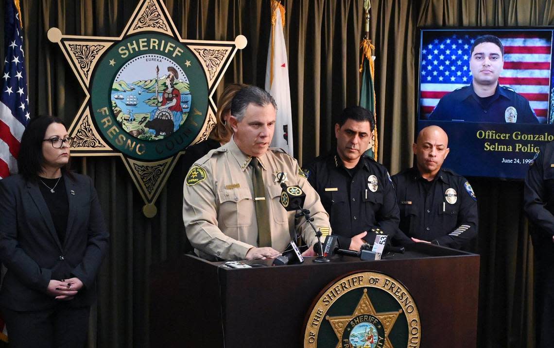 Fresno County Sheriff John Zanoni announces an update on the killing of Selma police officer Gonzalo Carrasco Jr. at a press conference Friday, Feb 3, 2023 in Fresno.