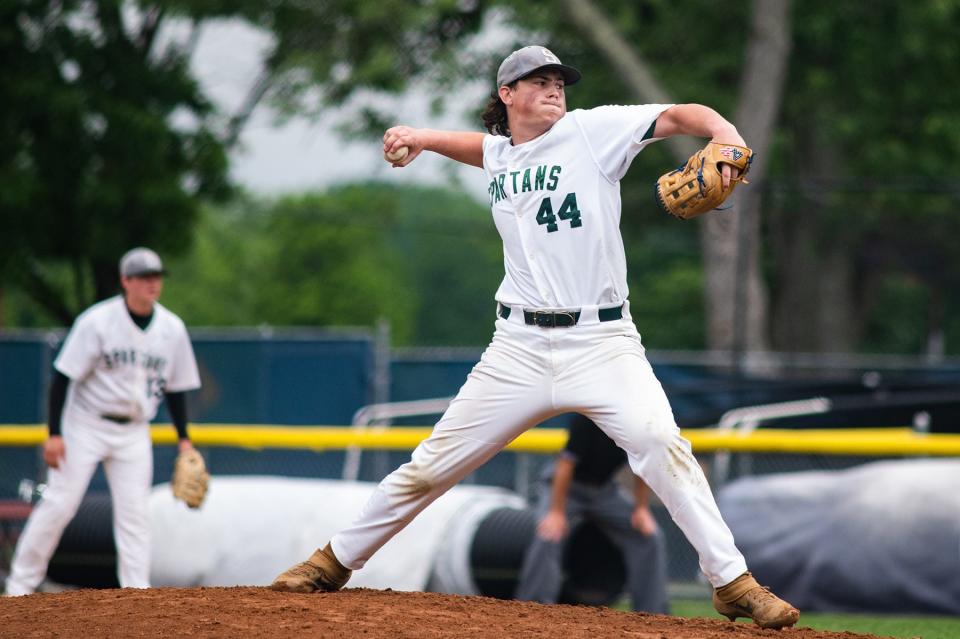 Spackenkill's Dan Collins pitches during the Class B subregional baseball game at Cantine Field in Saugerties on June 2, 2022.