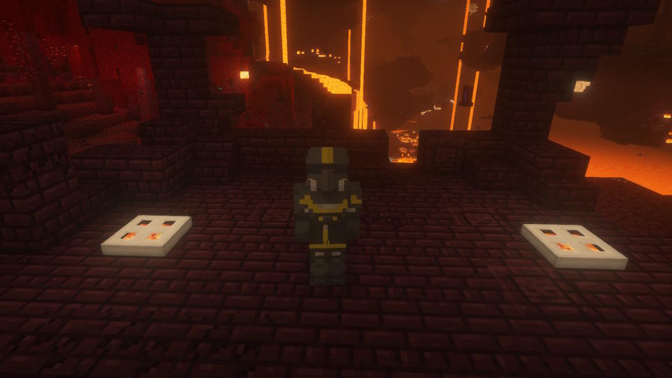 Minecraft skins - a character in Helldivers 2 armor stands in Nether ruins