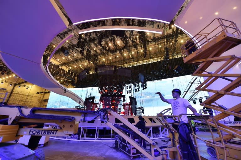 Workers prepare the stage for the Eurovision Song Contest, which will be held from May 9-13 at the International Exhibition Center in Kiev