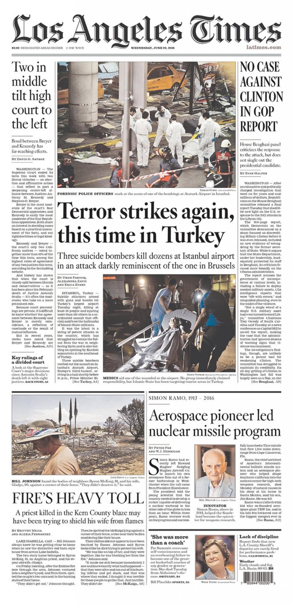 Front-page coverage of Istanbul's Ataturk Airport attack