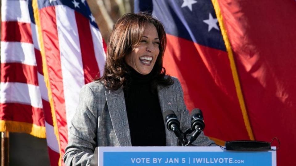 Vice President-elect Kamala Harris campaigns Monday in support of Georgia Democratic Senate candidates Rev. Raphael Warnock and Jon Ossoff during a drive-in rally at Bibb Mill Event Center in Columbus. (Photo by Jessica McGowan/Getty Images)