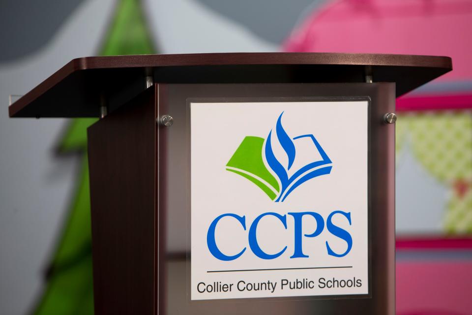 The Collier County Public Schools logo rests on a podium before a press conference about the FLODE district and school grades, Thursday, July 7, 2022, at Naples Park Elementary in Naples, Fla.CCPS earned an A-rating as a school district.