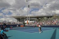 Mar 21, 2019; Miami Gardens, FL, USA; Bianca Andreescu of Canada (R) hits a backhand against Irina-Camelia Begu of Romania (L) in the first round of the Miami Open at Miami Open Tennis Complex. Mandatory Credit: Geoff Burke-USA TODAY Sports