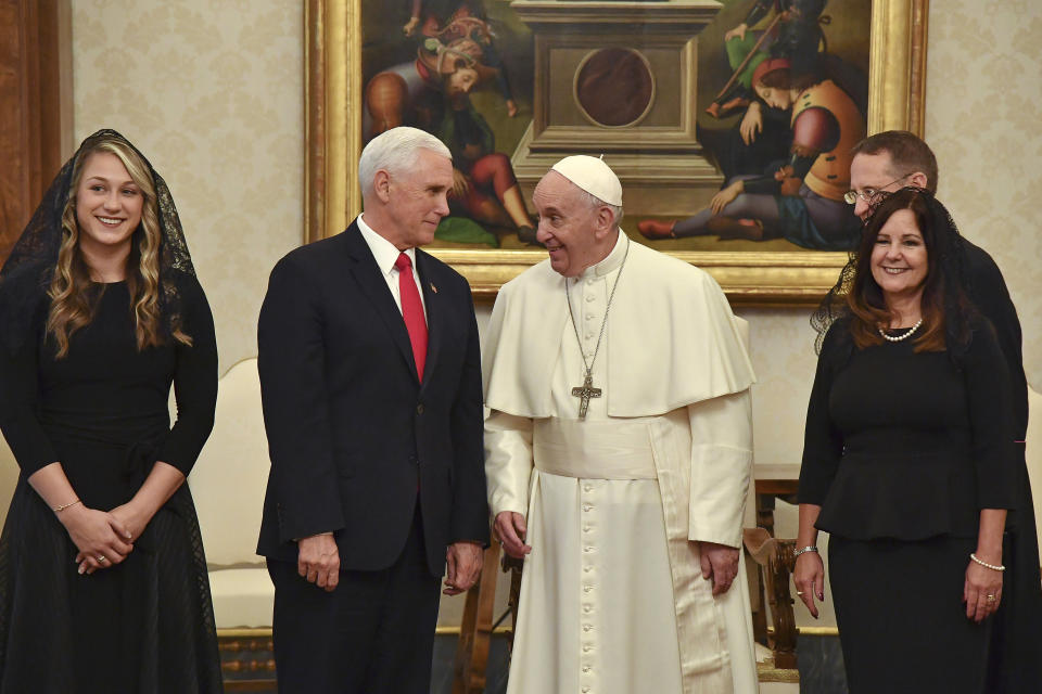 Pope Francis shares a word with US Vice President Mike Pence, second from left, his wife Karen, right, and his daughter in law Sarah on the occasion of their private audience, at the Vatican, Friday, Jan. 24, 2020. Pence told Pope Francis, “You made me a hero" back home by granting him a private audience at the Vatican on Friday. (Alessandro Di Meo/Pool Photo via AP)