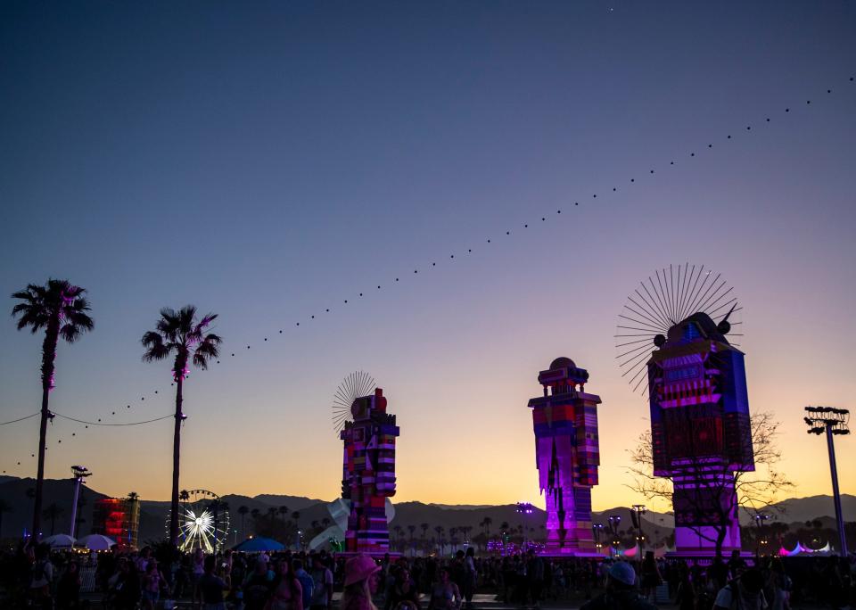 "The Messengers" by Kumkum Fernando are seen during the Coachella Valley Music and Arts Festival at the Empire Polo Club in Indio, Calif., Friday, April 21, 2023. 