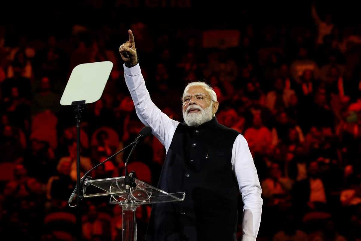 Narendra Modi speaks during an Indian cultural event with Australia’s prime minister Anthony Albanese  (Getty)