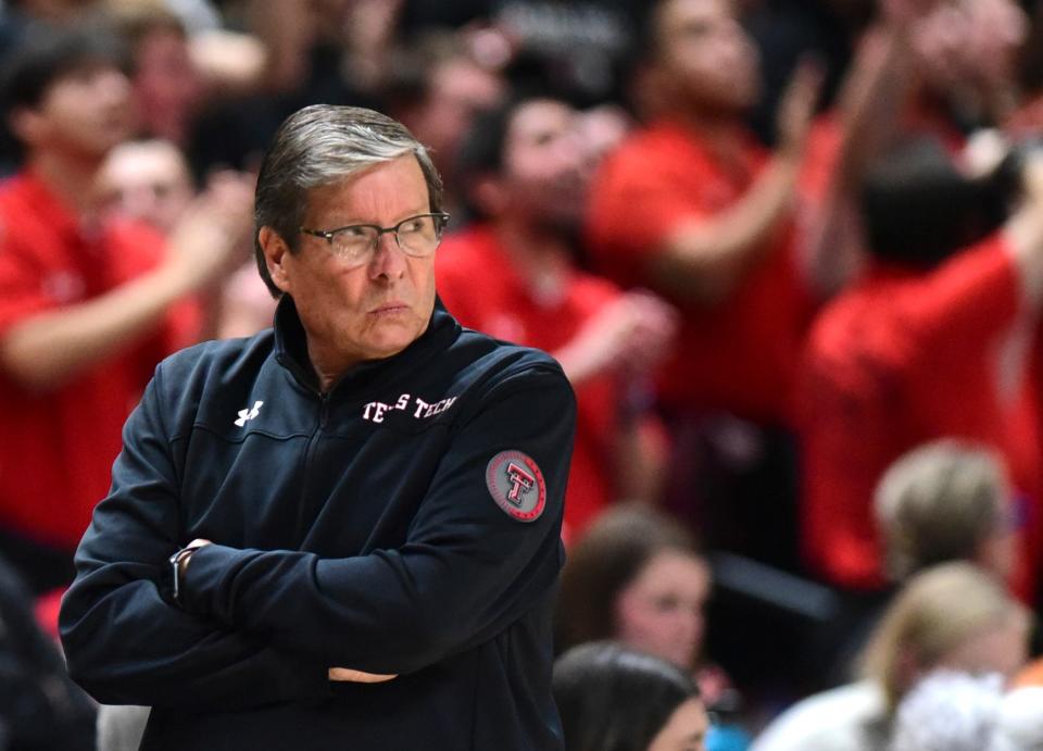 Texas Tech's head coach Mark Adams walks along the sidelines during the Big 12 basketball game against Texas, Monday, Feb. 13, 2023, at the United Supermarkets Arena. 