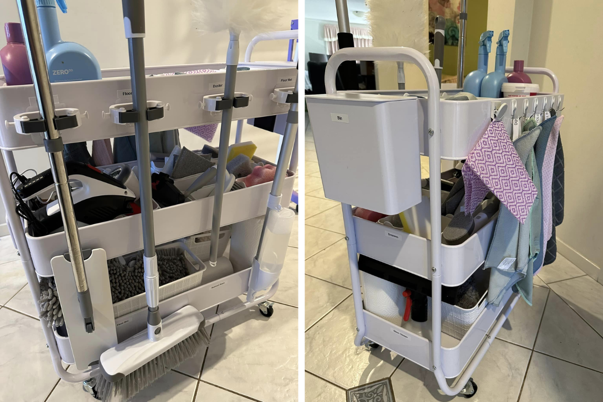 Two images of a three tier trolley from Kmart filled with cleaning supplies