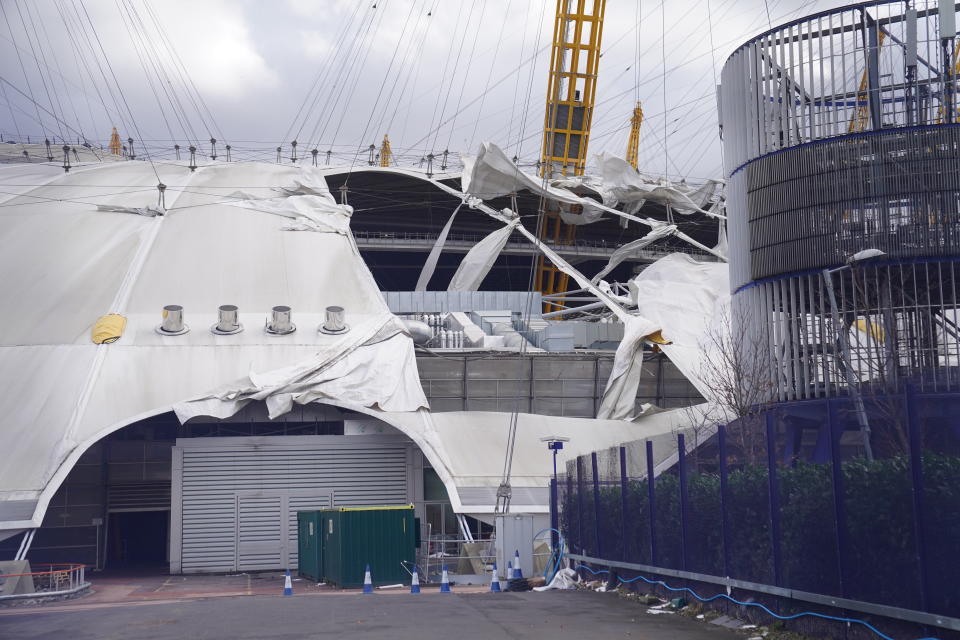 Damage to the roof of the O2 Arena, in south east London, caused by Storm Eunice. Picture date: Friday February 18, 2022.