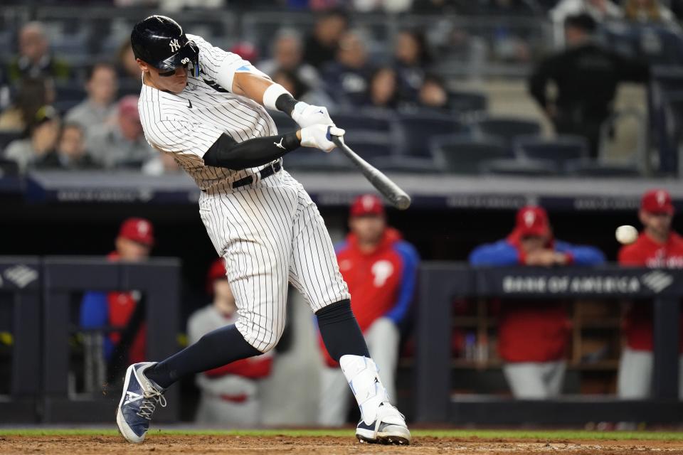 New York Yankees' Aaron Judge hits a single during the eighth inning of an baseball game, Monday, April 3, 2023, in New York. (AP Photo/Frank Franklin II)