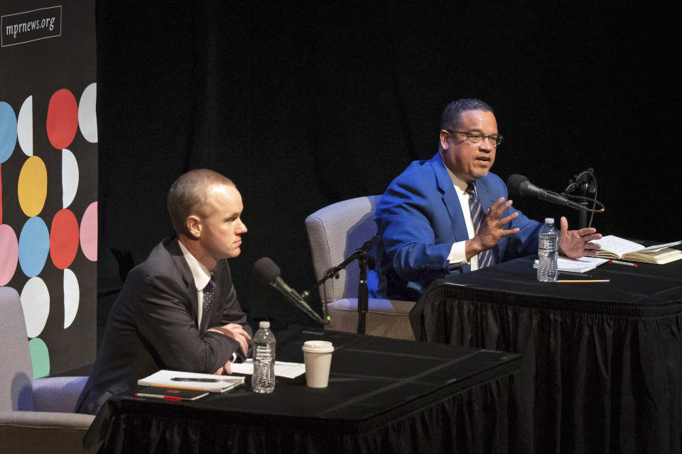 Republican challenger Jim Schultz, left, and Democratic Attorney General Keith Ellison, participate in a debate for Minnesota Attorney General, Friday, Oct. 14, 2022 St. Paul, Minn, Minn. (Glen Stubbe/Star Tribune via AP)