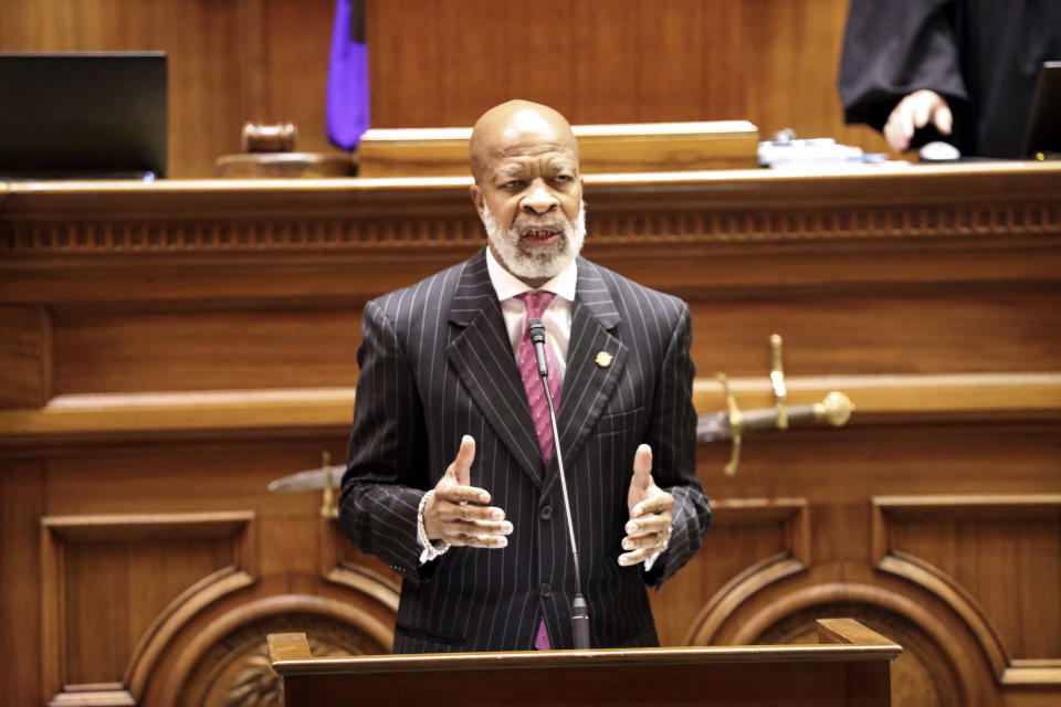 FILE - State Sen. Ronnie Sabb, D-Greeleyville, discusses his opposition to a resolution calling for a convention to propose a balanced budget and term limit amendments to the U.S. Constitution on March 9, 2022, in Columbia, S.C.. (AP Photo/Jeffrey Collins, File)