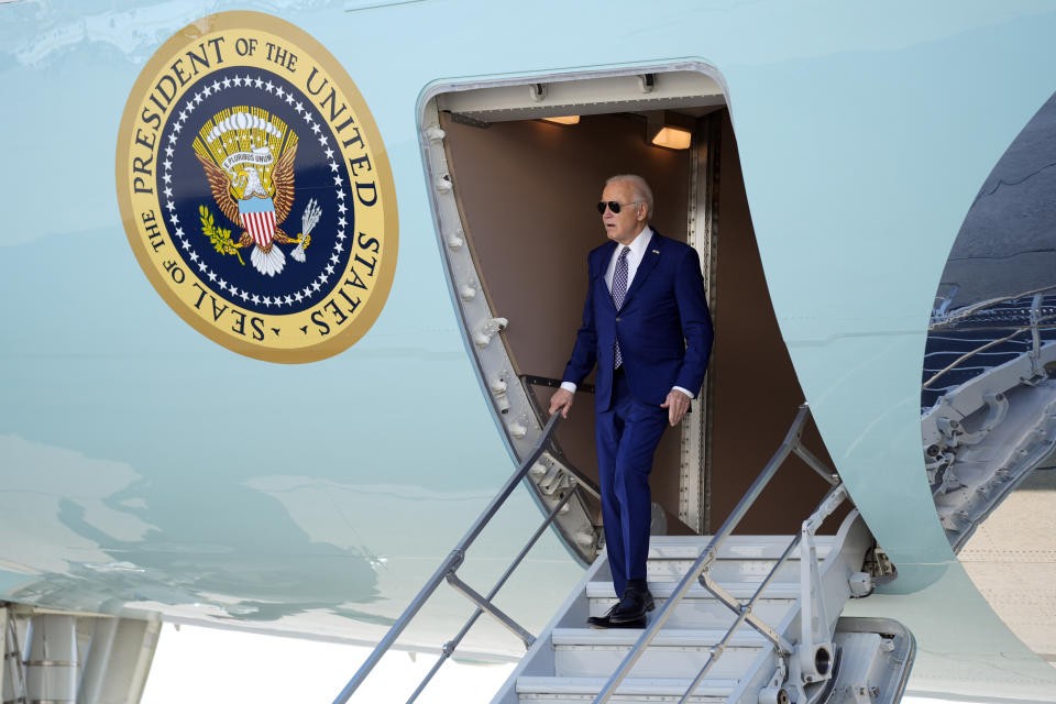 President Joe Biden arrives at John F. Kennedy International Airport, Monday, Feb. 26, 2024, in New York. (AP Photo/Evan Vucci)