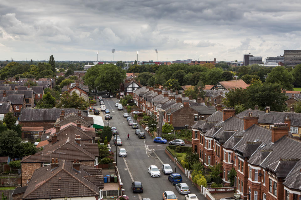 A view from the top of St John's Church looking down Ayres Road, Old Trafford, Manchester. Greater Manchester. (Photo by In Pictures Ltd./Corbis via Getty Images)