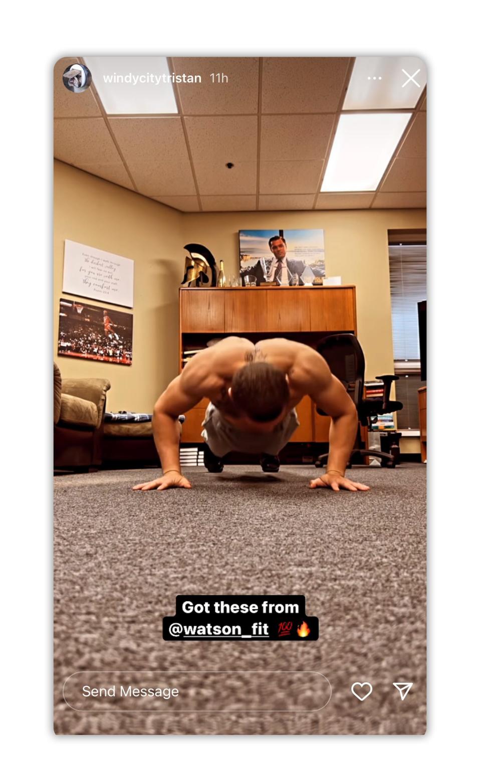 Tristan Dlabik doing a pushup in an Instagram story