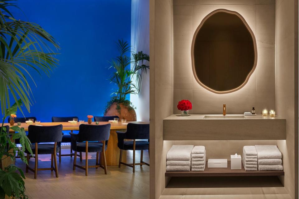 A dining room and guest bathroom at The Madrid EDITION