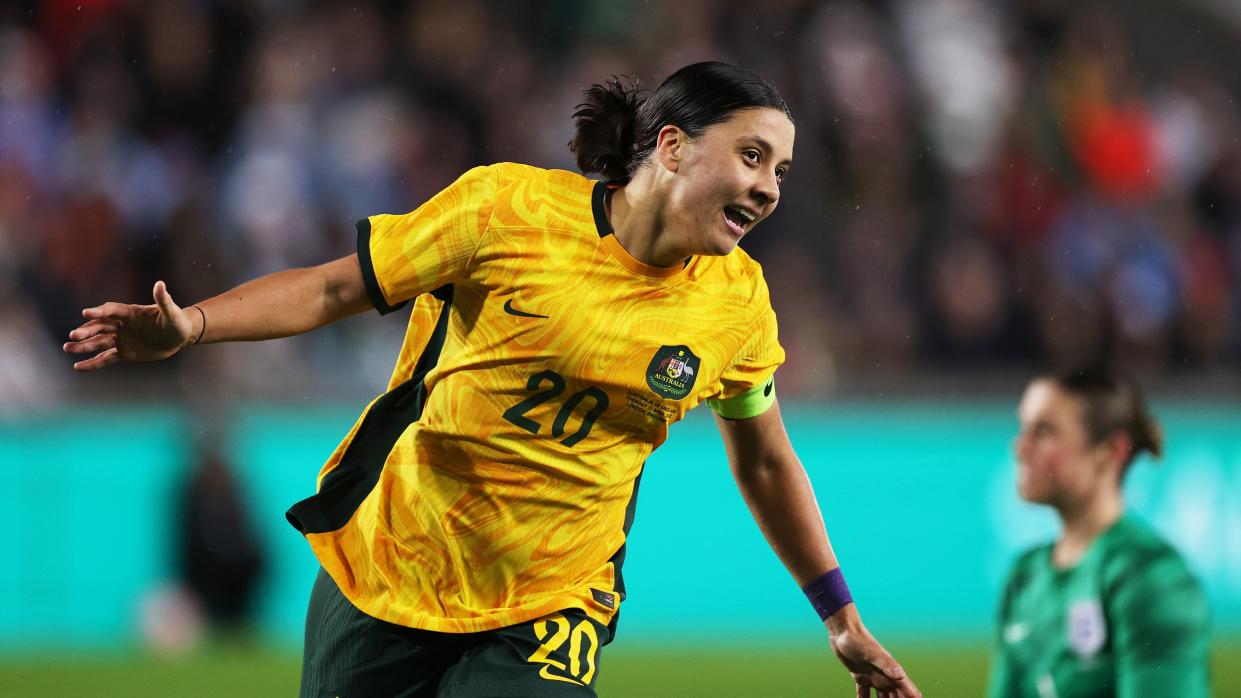  Sam Kerr of Australia celebrates after scoring ahead of Australia vs Denmark in the Women's World Cup 2023 Round of 16 knockout game. 