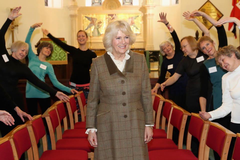 BATH, ENGLAND - JANUARY 31:  Camilla, Duchess Of Cornwall and Patron of St. John's Hospital, poses with members of the "Silver Swans" dance class as she visits the charity's almshouses and officially opens the newly refurbished Rosenberg House during a visit to Bath on January 31, 2017 in Bath, England. Her Royal Highness will meet local organisations supported by St John's as well as community groups who use the facilities and attend a reception for residents and supporters.  (Photo by Chris Jackson - WPA Pool / Getty Images)