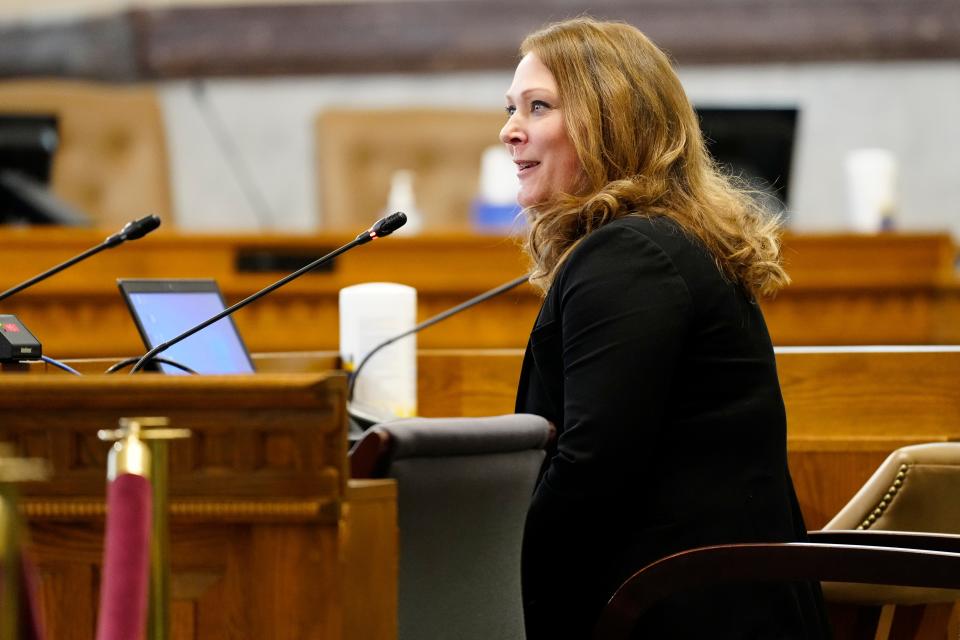 Lisa Davis, candidate for new Cincinnati Chief of Police, gives a statement during a meeting of council's law and public safety committee Tuesday.