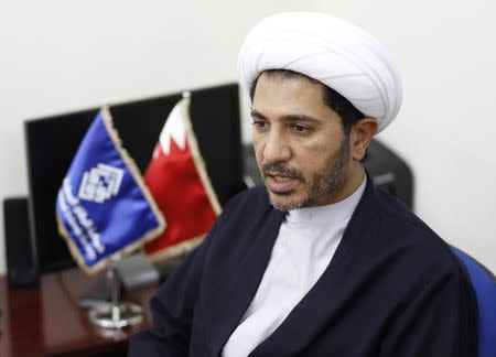 Bahrain's main opposition party Al Wefaq leader Sheikh Ali Salman speaks to Reuters at the party's headquarters in Bilad Al Qadeem, west of Manama, October 28, 2014. REUTERS/Hamad I Mohammed