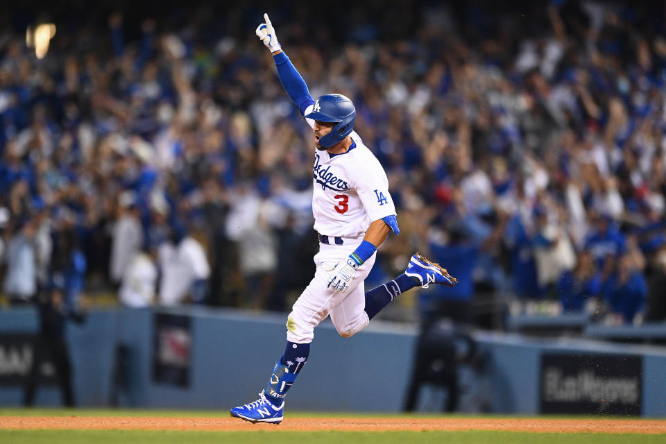 LOS ANGELES, CA - OCTOBER 06: Los Angeles Dodgers outfielder Chris Taylor (3) celebrates as he rounds the bases after hitting a walk-off two run home run in the 9th inning of the MLB National League Wild Card game between the St. Louis Cardinals and the Los Angeles Dodgers on October 6, 2021 at Dodger Stadium in Los Angeles, CA. (Photo by Brian Rothmuller/Icon Sportswire via Getty Images)