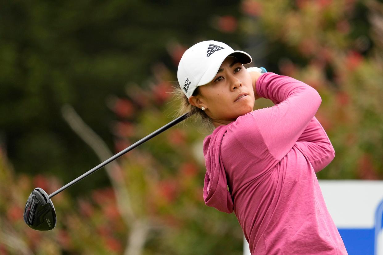 Westlake High graduate Danielle Kang tees off on the first hole during the the final round of the LPGA Mediheal Championship at Lake Merced Golf Club on June 13, 2021.