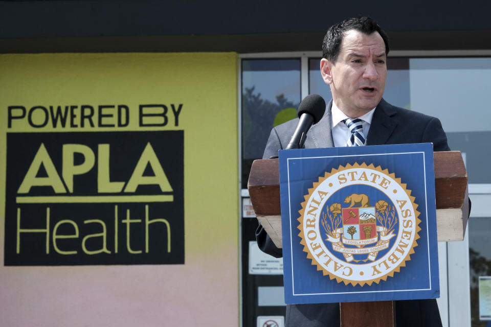 California State Assembly Speaker Anthony Rendon talks during a news conference at Out Here Sexual Health Center, in the Baldwin Hills section of Los Angeles on Wednesday, July 20, 2022. Rendon joined LGBTQ+ leaders in Los Angeles on Wednesday to demand that monkeypox be declared a national public emergency, saying perhaps the federal response would have been quicker if the heterosxeual community were primarily affected. (AP Photo/Richard Vogel)