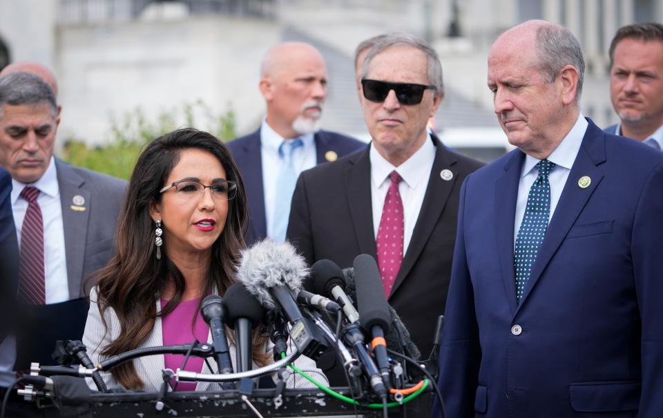 May 30, 2023; Washington, DC, USA; Freedom Caucus member Rep. Lauren Boebert (R-Colo.) speaking during a House Freedom Caucus press conference outside of the U.S. Capitol on Tuesday, May 30, 2023 opposing the current debt ceiling agreement negotiated by House Speaker Kevin McCarthy and President Joe Biden.