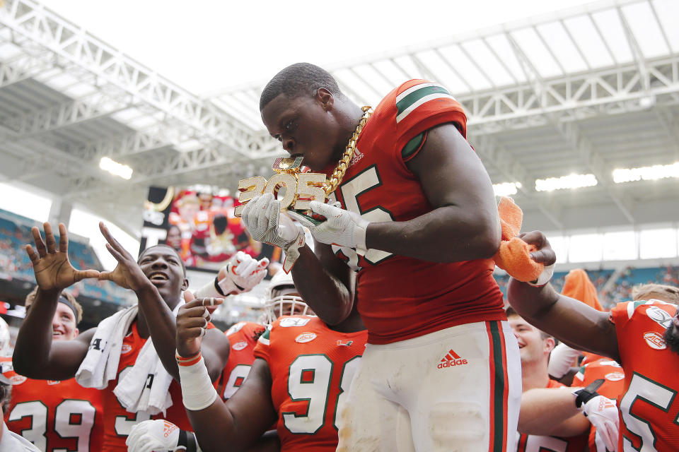 Miami LB Shaq Quarterman has spent a lot of time with the team's turnover chains. (Photo by Michael Reaves/Getty Images)